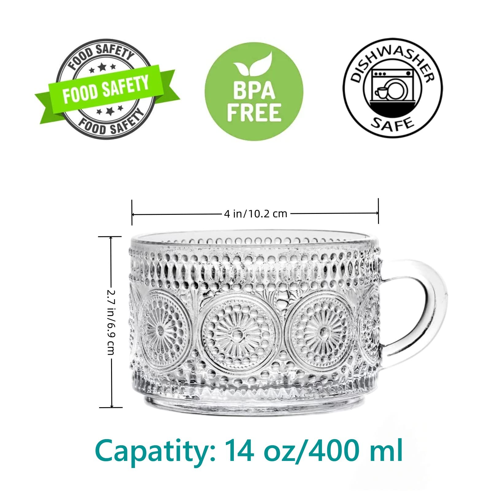 Amzcku Vintage Coffee Tea Cups, Glass Mugs 14 Oz Set of 2 Embossed Glassware with Handle, for Cappuccino, Latte, Cereal, Yogurt,