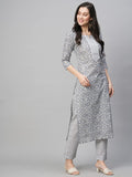 Anni Designer Women'S Cotton Blend Printed Straight Kurta With Pant (Kavi Grey-Nwfb08_S_Grey_Small),Light Grey,S,Cotton Blend,Regular,Pants