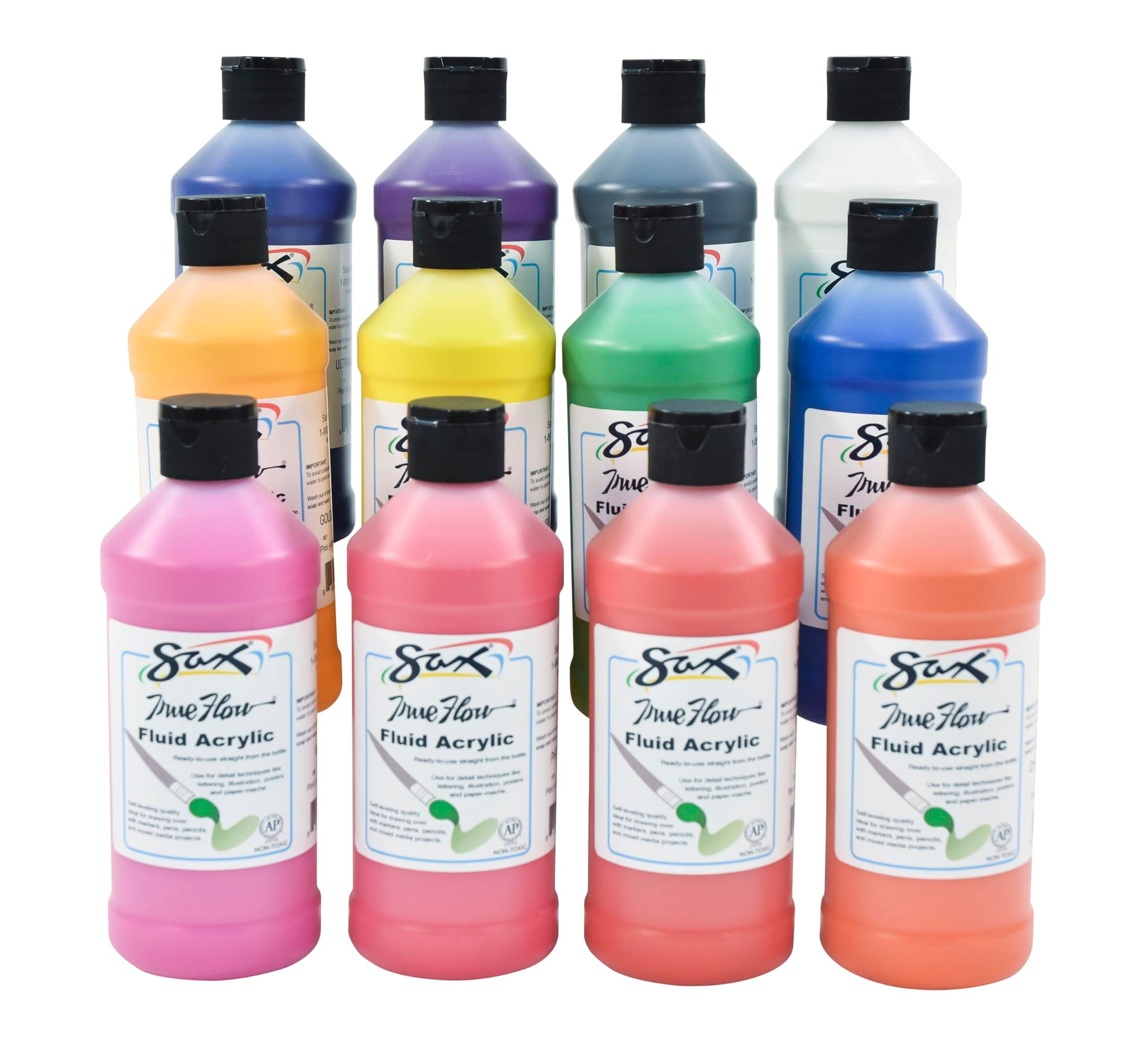 Sax Fluid Acrylic Paint For School And Arts And Crafts Use, Assorted Colors, 16 Ounce Pints, Set Of 12