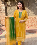 Anni Designer Women'S Rayon Blend Printed Straight Kurta With Pant & Dupatta (Subhi Yellow_Xl_Yellow_X-Large),Yellow,XL,Rayon Blend,Regular,