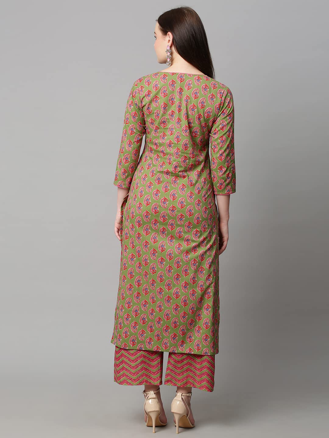 Anni Designer Women'S Cotton Blend Traditional Straight Printed Kurta And Palazzo Set (Bhadra Green_L_Green_Large),Green,L,Cotton Blend,Regular,Dupatta, Palazzo