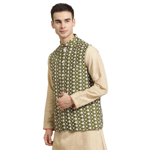 Sojanya (Since 1958, Men'S Silk Blend Dark Green Embroidered Only Nehrujacket, Size: 42