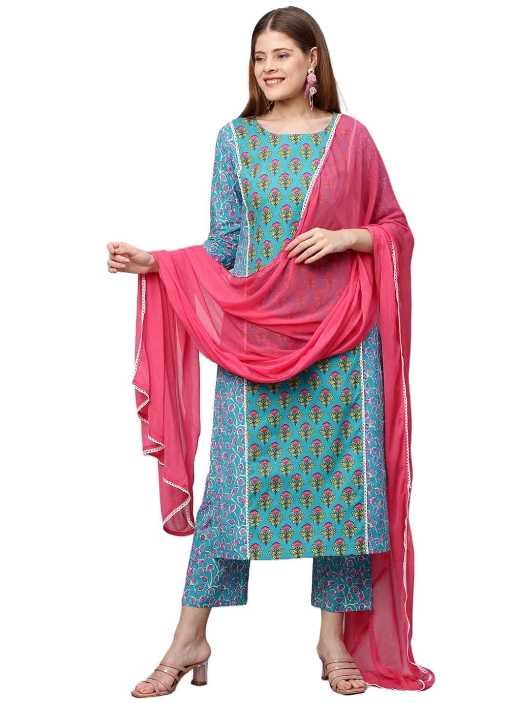 Anni Designer Women'S Cotton Blend Straight Printed Kurta With Pant & Dupatta (Jam001-Blue & White_L_Dark Blue_Large),Blue & White,L