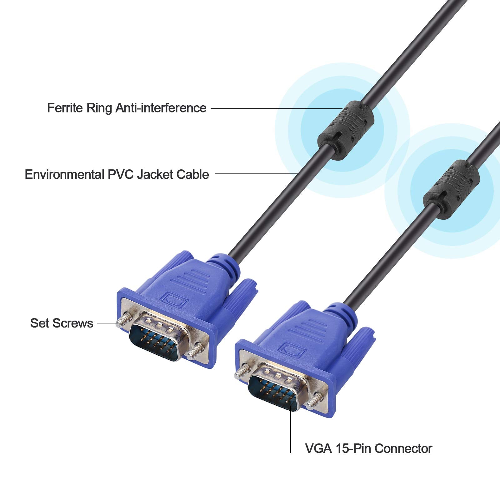 ENUODA Blue VGA Cable 15 Pin Male to Male Plug Computer Monitor Cable Wire Cord