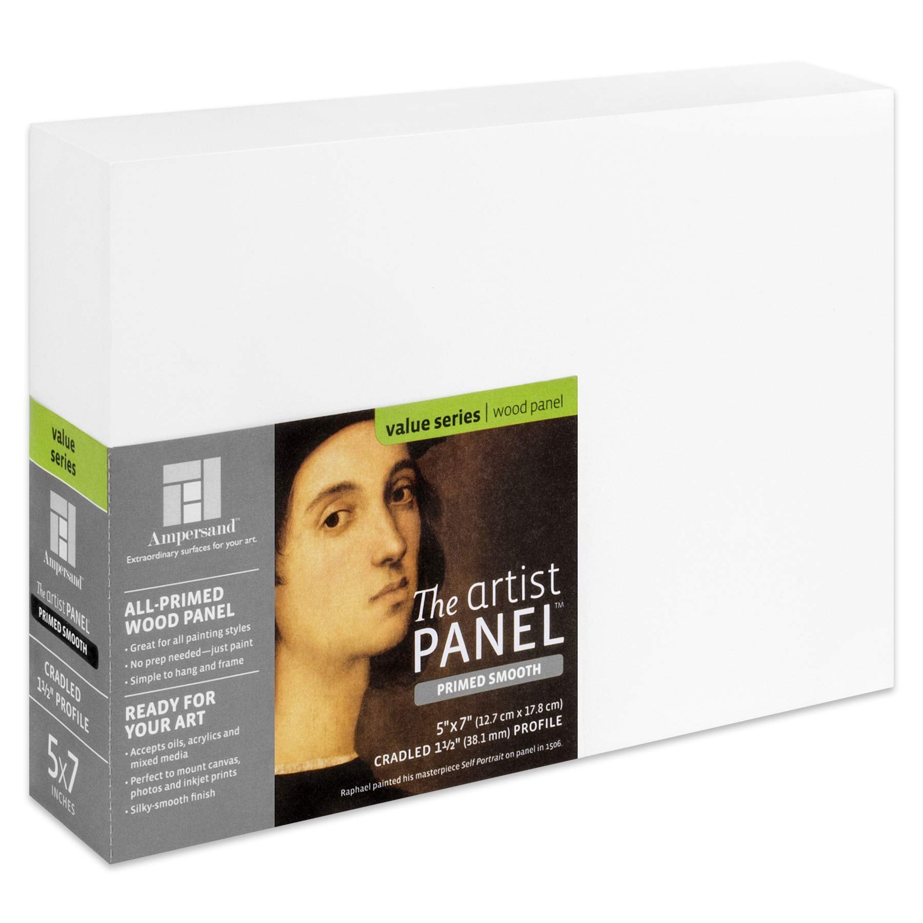 Ampersand Art Supply Wood Gesso Artist Painting Panel: Primed Smooth, 5,, X 7,,, 1-1/2,, Cradled Profile