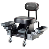 Powerbuilt Professional Mechanics Roller Seat, Heavy Duty Padded Detailer Seat and Backrest, Sliding Storage Drawers, Tool Tray,