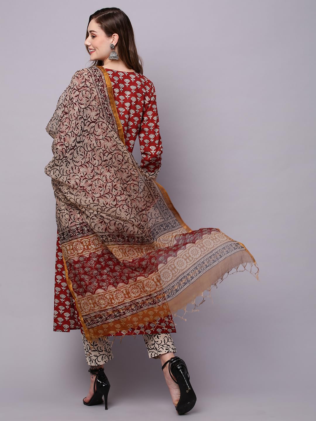 Anni Designer Women'S Cotton Blend Straight Printed Kurta With Pant & Dupatta (Nirupa Maroon_S_Maroon_Small),Maroon,S,Cotton Blend,Regular,Dupatta