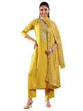 Libas Gerua Womens Yoke Design Silk Blend Straight Kurta With Trousers And Dupatta