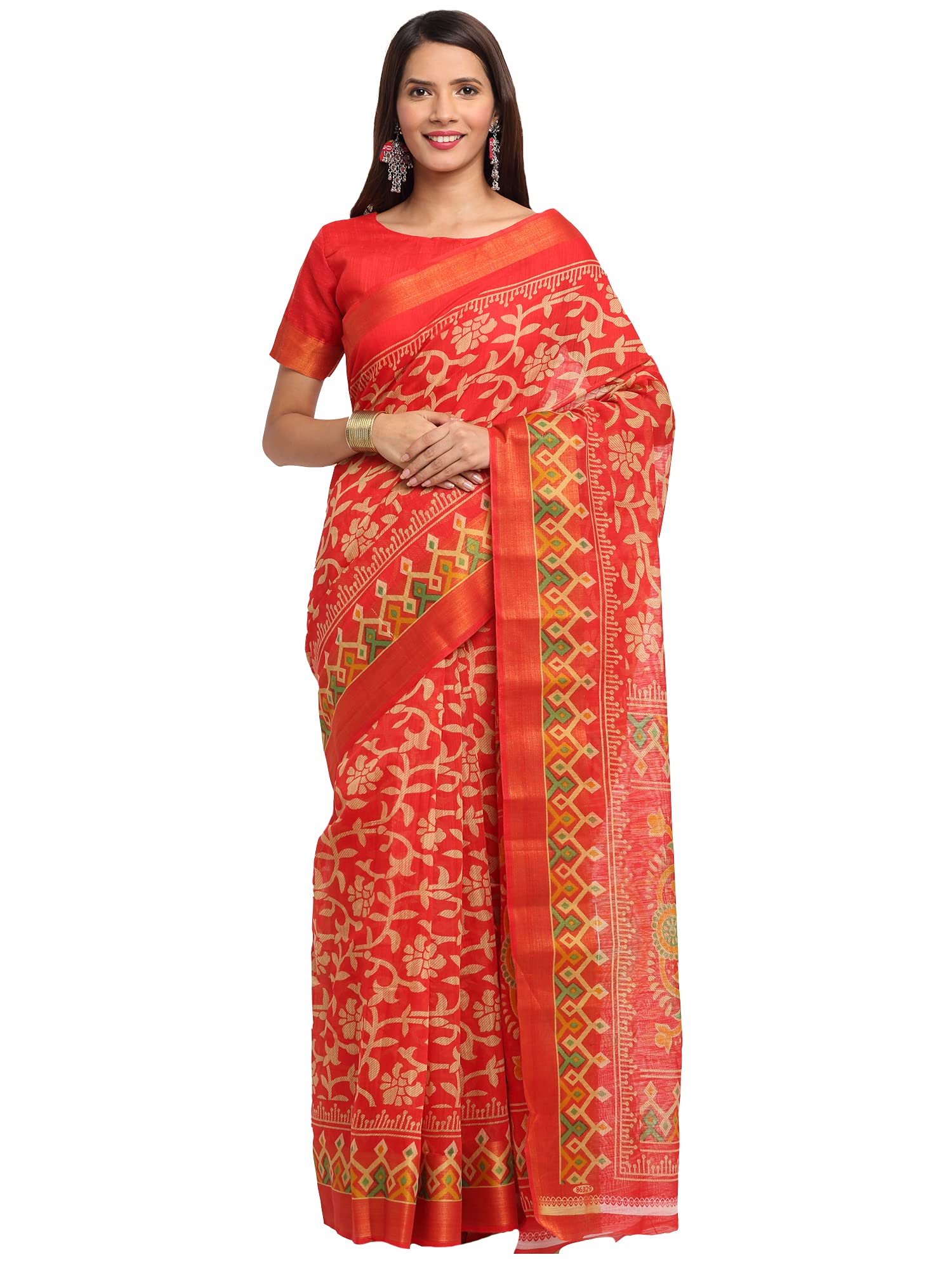 Anni Designer Women'S Linen Cotton Printed Saree With Blouse Piece (Kauri Red_Red),Red,Free