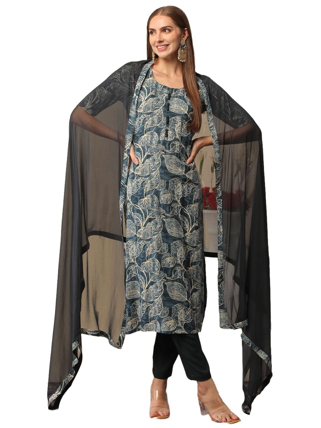 Anni Designer Women'S Cotton Blend Printed Straight Kurta With Pant & Dupatta (Minika Blue_M_Blue_Medium),Blue,M