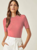 Anni Designer Women'S Cotton Belnd Lycra Ribbed Solid Half Sleeve Round Neck Top (Ntpr-Peach_S_Peach_Small),Peach,S,Cotton Blend,Western,