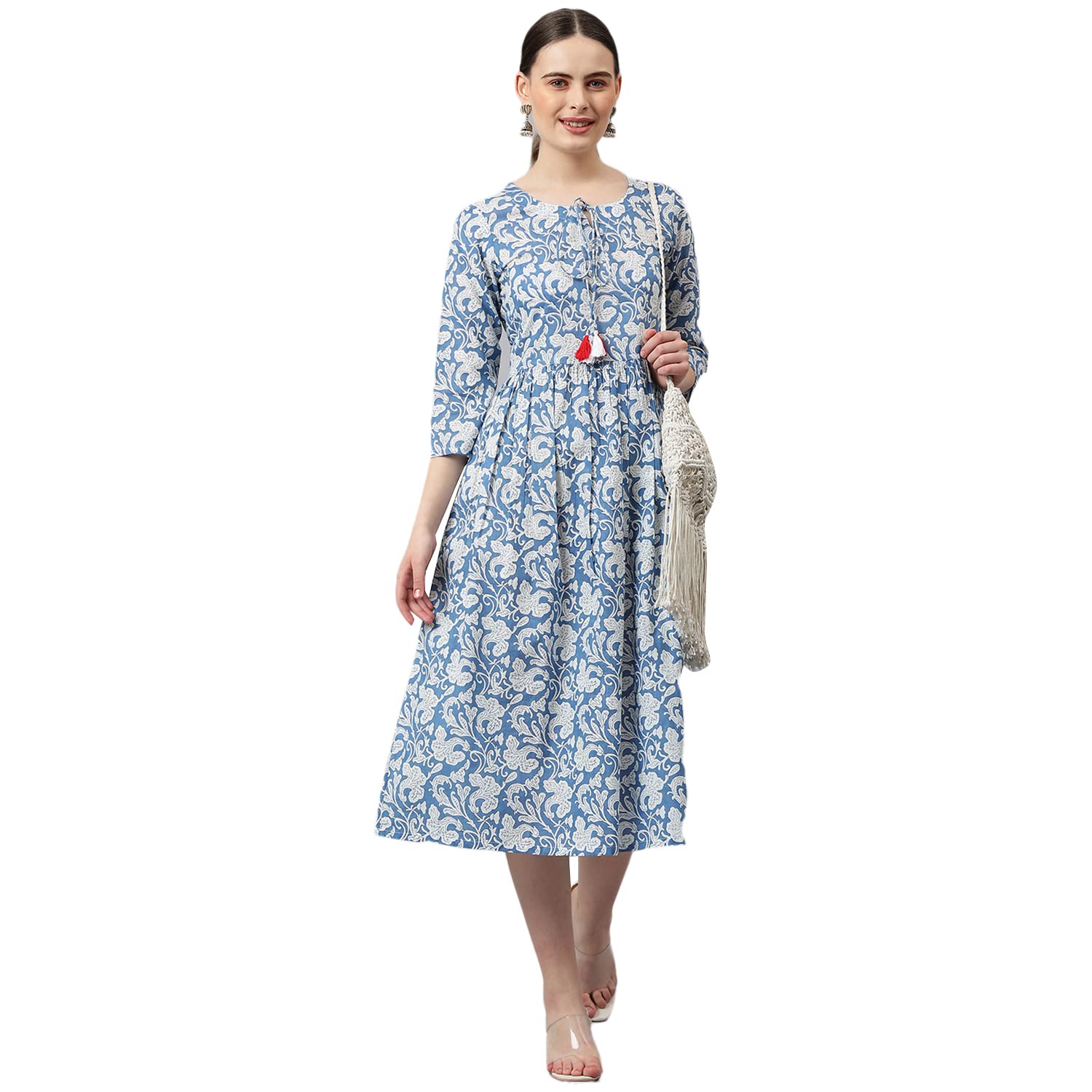 Anni Designer Women'S Cotton Blend Anarkali Printed Kurta (Fulkali New Blue_L_Blue_Large),Blue,L