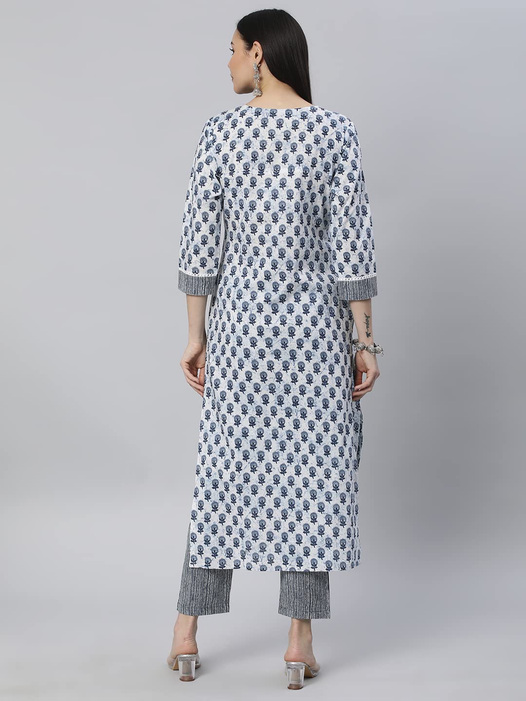 Anni Designer Women'S Cotton Blend Straight Printed Kurta With Pant Set (Bitiya Blue_S_Blue_Small),Blue,S,Cotton Blend,Regular,Pants