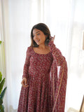 Women Floral Print Anarkali Kurta With Pant And Duptta (Medium Maroon),Maroon,M,Georgette,Anarkali,Dupatta