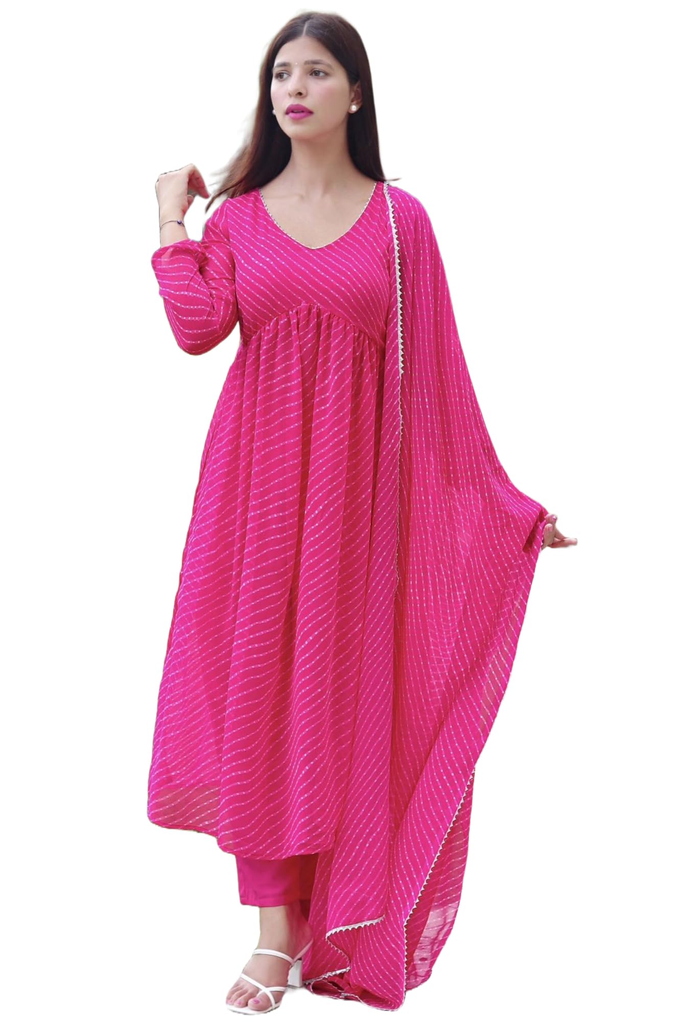 Anni Designer Women'S Georgette Lehariya Printed Anarkali Kurta With Pant & Dupatta (Mothda-Pink_Xl_Pink_X-Large),Pink,XL