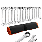 VEVOR Combination Wrench Set, 16-Piece SAE Sizes, 72 Teeth, Cr-V Steel Ratcheting Wrench Set, with Roll Up Pouch, Open End, Clea