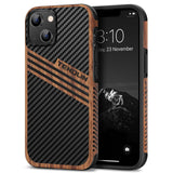 TENDLIN Compatible with iPhone 13 Case Wood Grain with Carbon Fiber Texture Design Leather Hybrid Slim Case (Three Stripe)