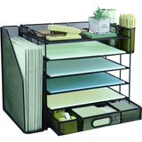 6 Tier Desk File Organiser with Extra Vertical File Sorter, Paper Letter Tray with Top Stationery Drawer Holder, A4 Paper Deskto