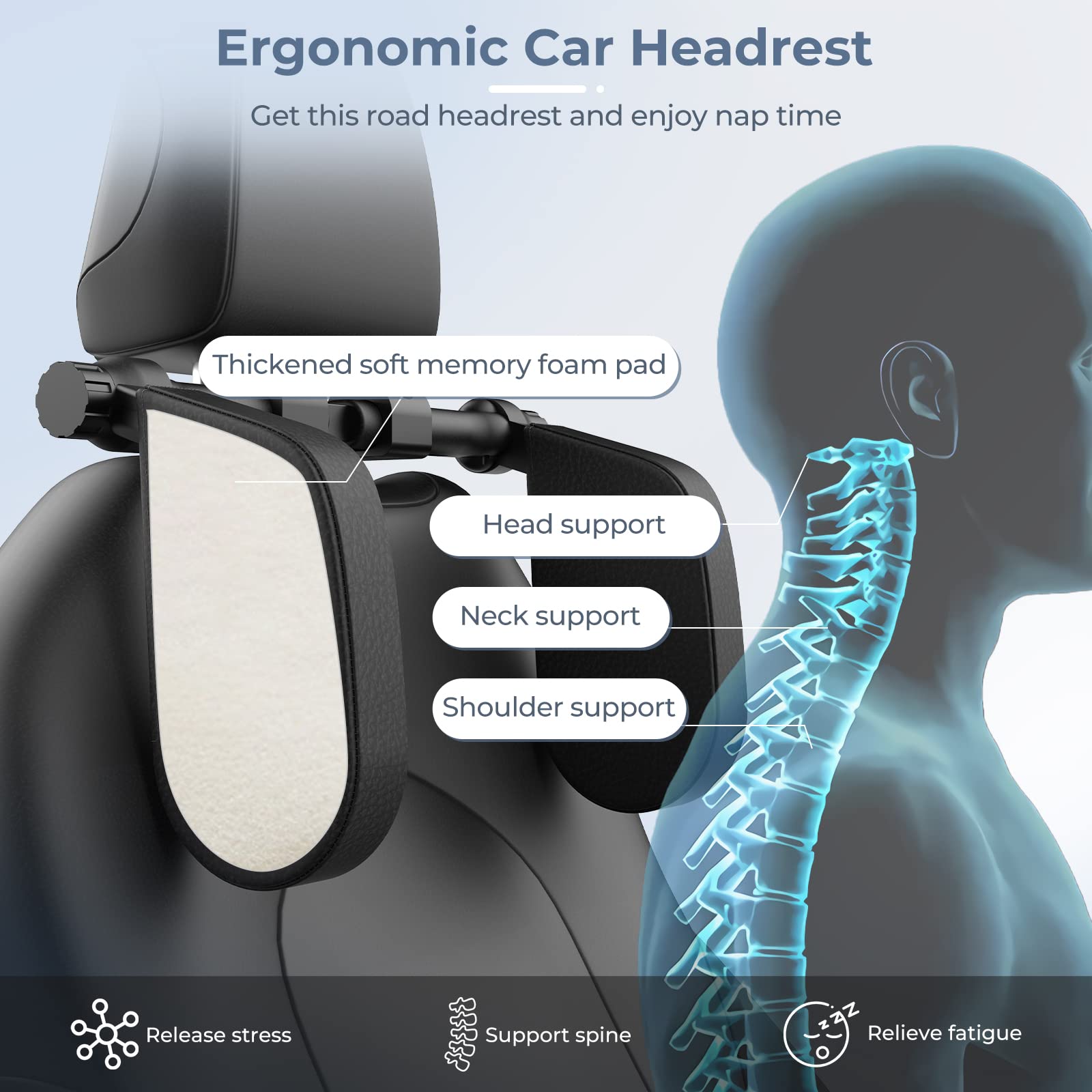 Yoocaa Car Headrest Pillow, Road Pal Headrest, Adjustable Car Seat Head Neck Support, U Shaped Car Sleeping Pillow for Kids & Ad