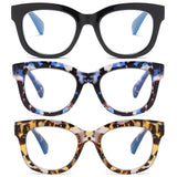 ZXYOO Oversized Reading Glasses for Women,3 Pack Blue Light Blocking Computer Spring hinge Readers(Black&Violet Leopard&Y Leopar