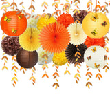 Fall Party Decorations Kit Yellow Orange Brown Paper Hanging Fans Lantern Flowers Pom Pom with 3D Butterfly Autumn Leaves Garlan