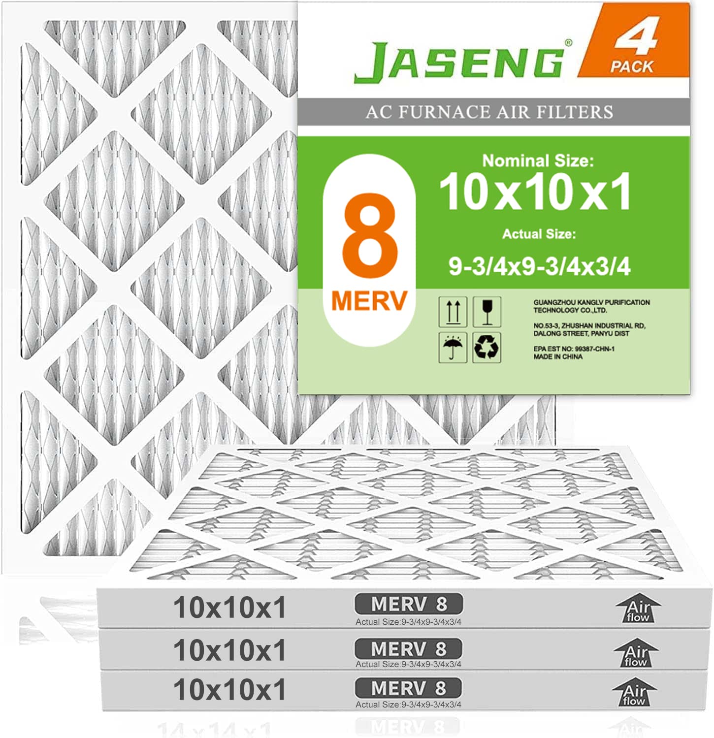 10x10x1 Furnace Air Filters 4 Pack, MERV 8 MPR 600 & FPR 5 Filtering, HVAC Air Filter Replacement (exact dimensions: 9 3/4x9 3