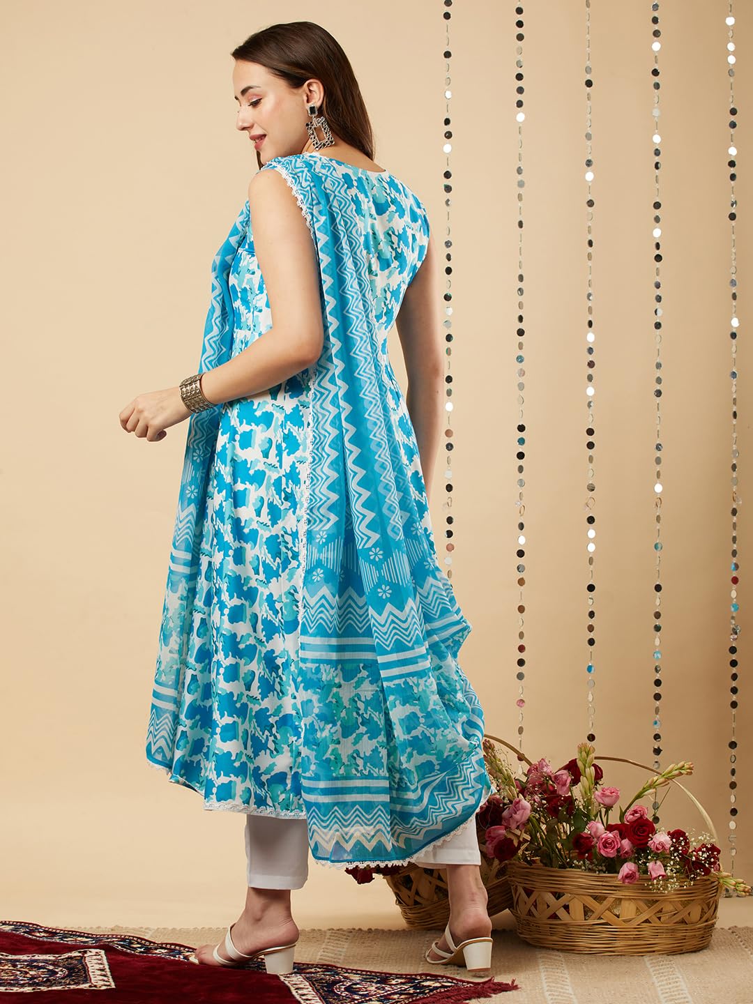 Gosriki Women'S Cotton Blend Anarkali Printed Kurta With Pant & Dupatta (Kalishta Sky Blue-Nw-Gs_Xxl_Sky Blue_Xx-Large),Sky Blue,2,B0CJ38G448