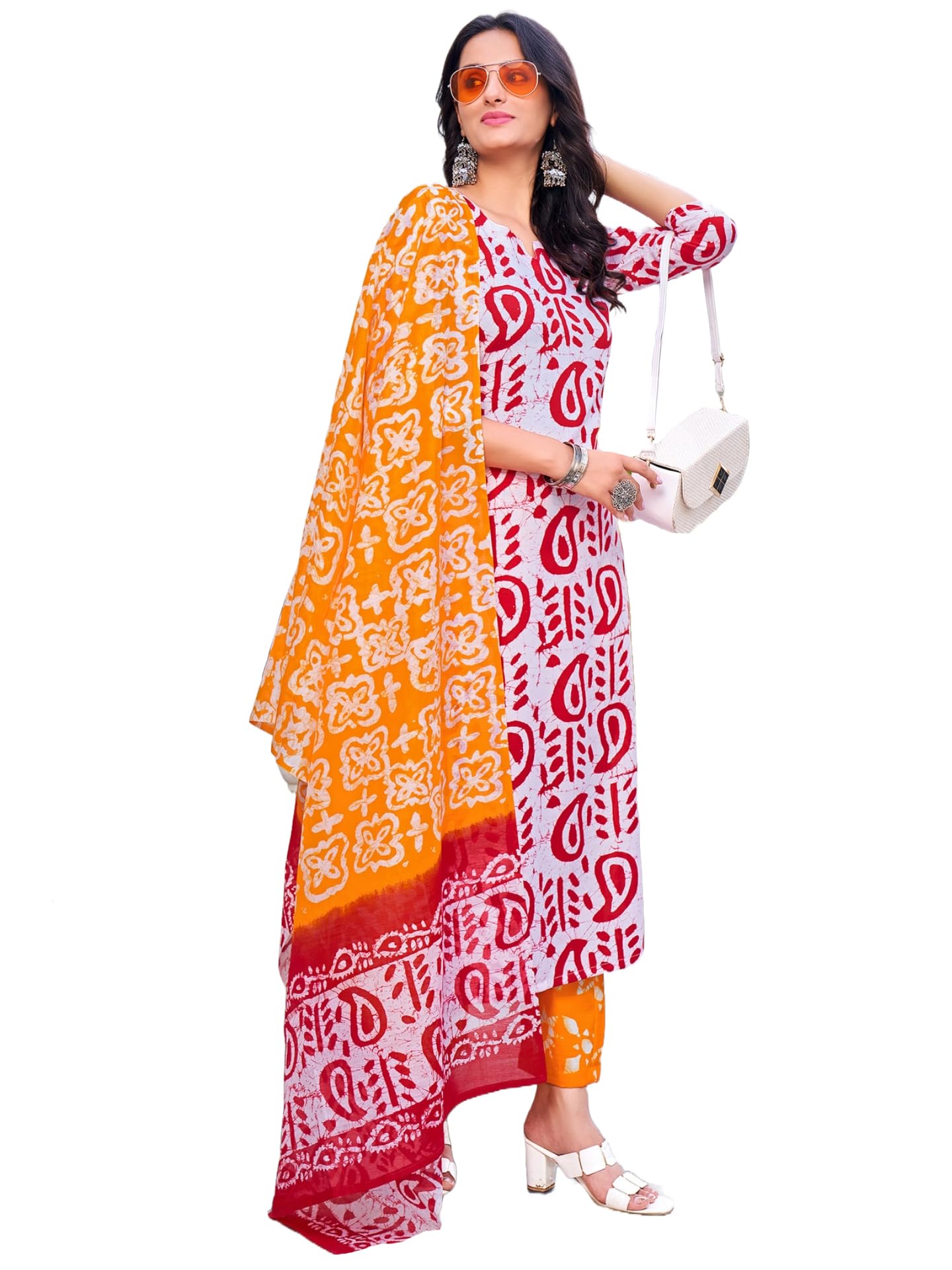 Gosriki Women'S Cotton Blend Straight Printed Kurta With Pant & Dupatta (Tiguna-Pink-Nds-Gs_L_Pink_Large),Pink,,B0CNXRFMM2