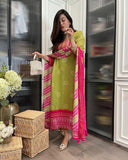 Anni Designer Women'S Rayon Viscose Straight Bandhej Printed Kurta With Pant & Dupatta (Navima Green_Xl_Green_X-Large),Green,XL,Rayon Viscose,Regular,