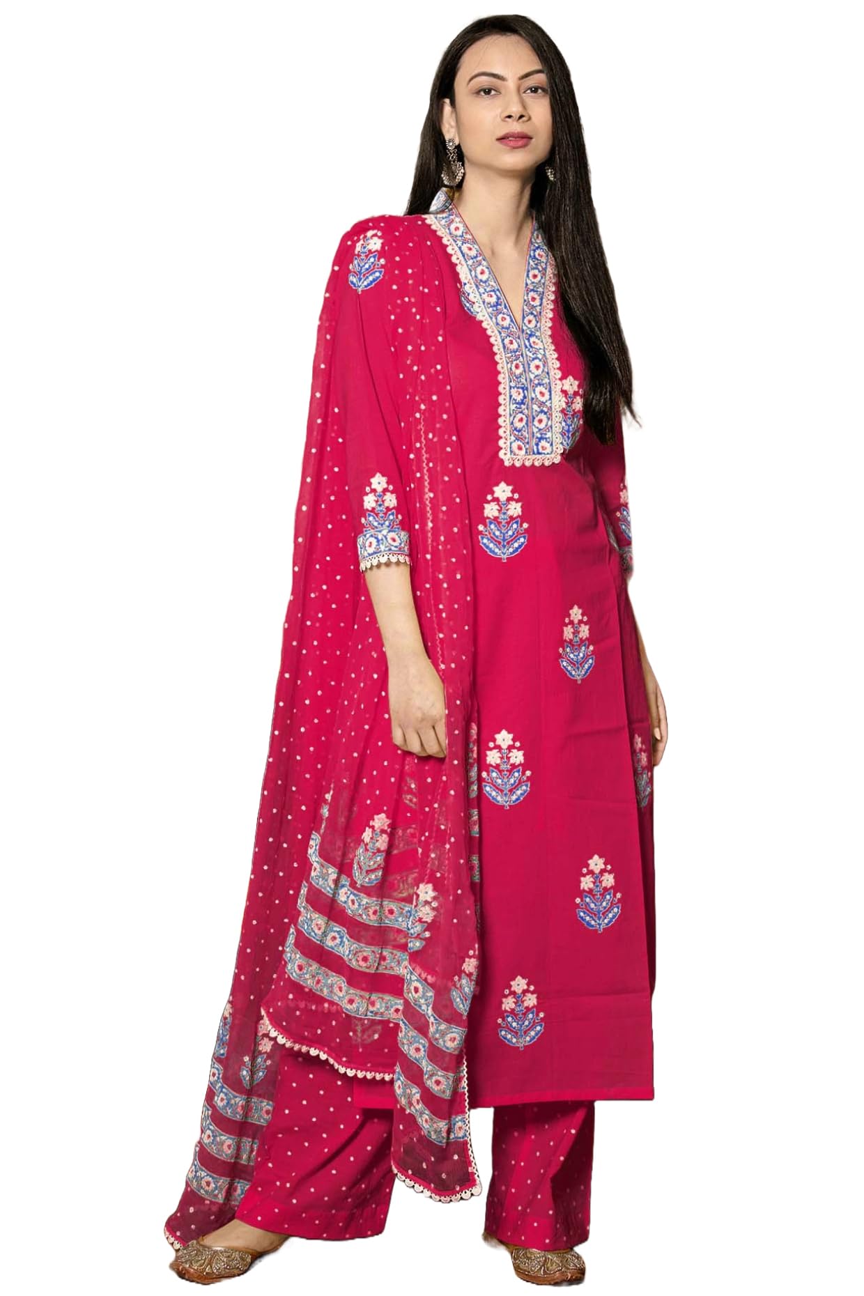 Anni Designer Women'S Rayon Viscose Floral Straight Kurta With Pant & Dupatta (Belagavi Mustard_Pink_Medium),Pink,M