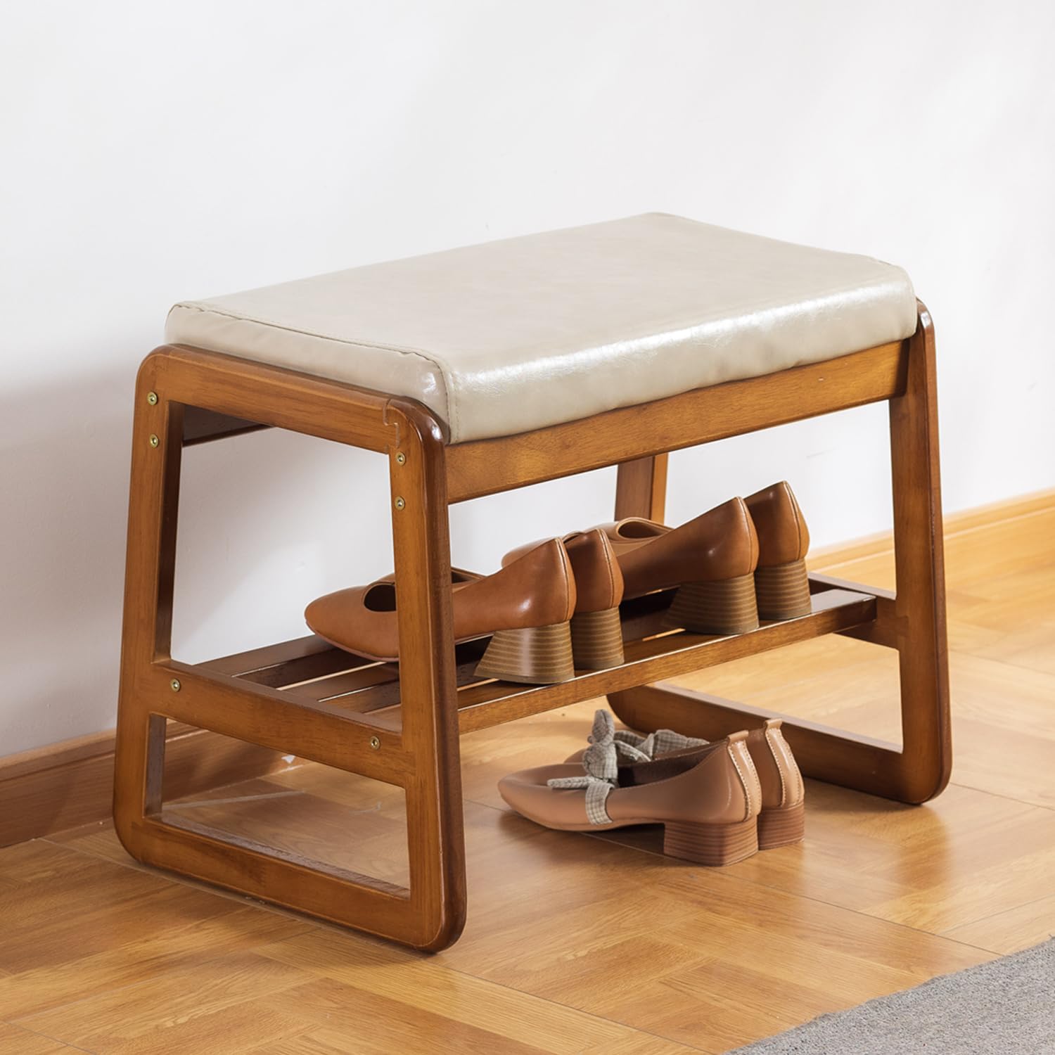 latifolia Shoe Bench, Solid Wood Shoe Bench with Cushion, 2 Tier Shoe Storage Bench for Entryway, Hallway, Living Room(Beige,21.