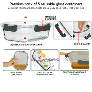 Brieftons Glass Meal Prep Containers: 5 Pack, 35 Oz with Airtight, Leakproof Snap Locking Lids, Perfect for Food Storage, Lunch
