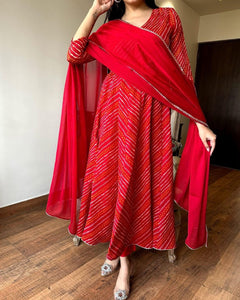 Gosriki Women'S Rayon Blend Anarkali Printed Kurta With Pant & Dupatta (Migesha Red-Gs_Xl_Red_X-Large),Red,,B0DG2Z2381