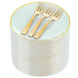 Festiva 200Pcs Pale Sage Green Gold Cake Plates 6.3 with Plastic Forks 5- Disposable Salad Plates-Green Dessert Plates-Appetizer
