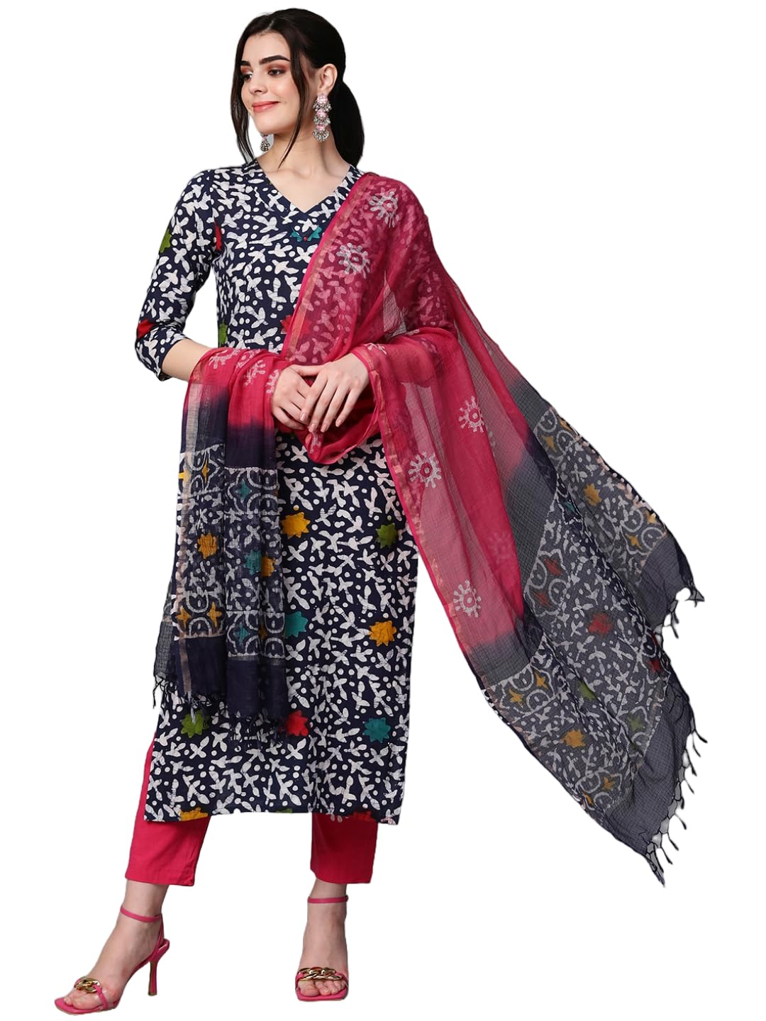 Gosriki Women'S Cotton Blend Printed Straight Kurta With Pant & Dupatta (Khara Blue-Gs_S_Blue_Small),Blue,,B0CD7S5VC9