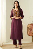 Anni Designer Women'S Rayon Blend Straight Embroidered Kurta With Pant & Dupatta (Fogat Wine_S_Wine_Small),Wine,S,Rayon Blend,Regular,