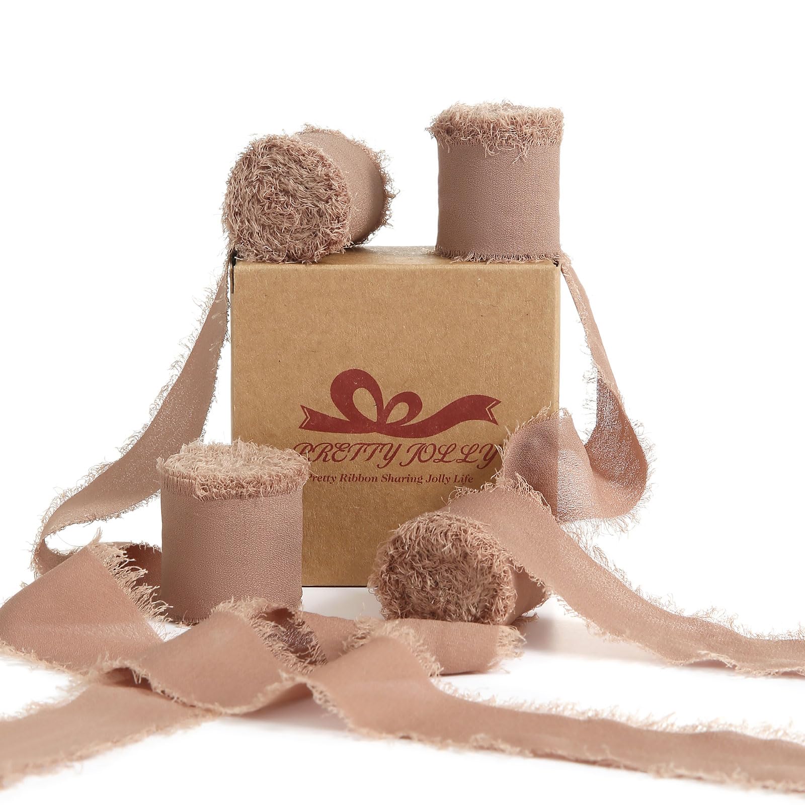Pretty Jolly Brown Chiffon Ribbon for Gift Wrapping 4 Rolls 1 1/2 Inch x 5Yd Silk Ribbons Handmade Fringe Fabric Ribbon for Flow