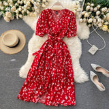 Gufrina Dresses For Women Half Sleeve || Floral Print || V-Neck And Puff Sleeves || Front Open Button & Tie-Up || Midi Dress (Red Xl)
