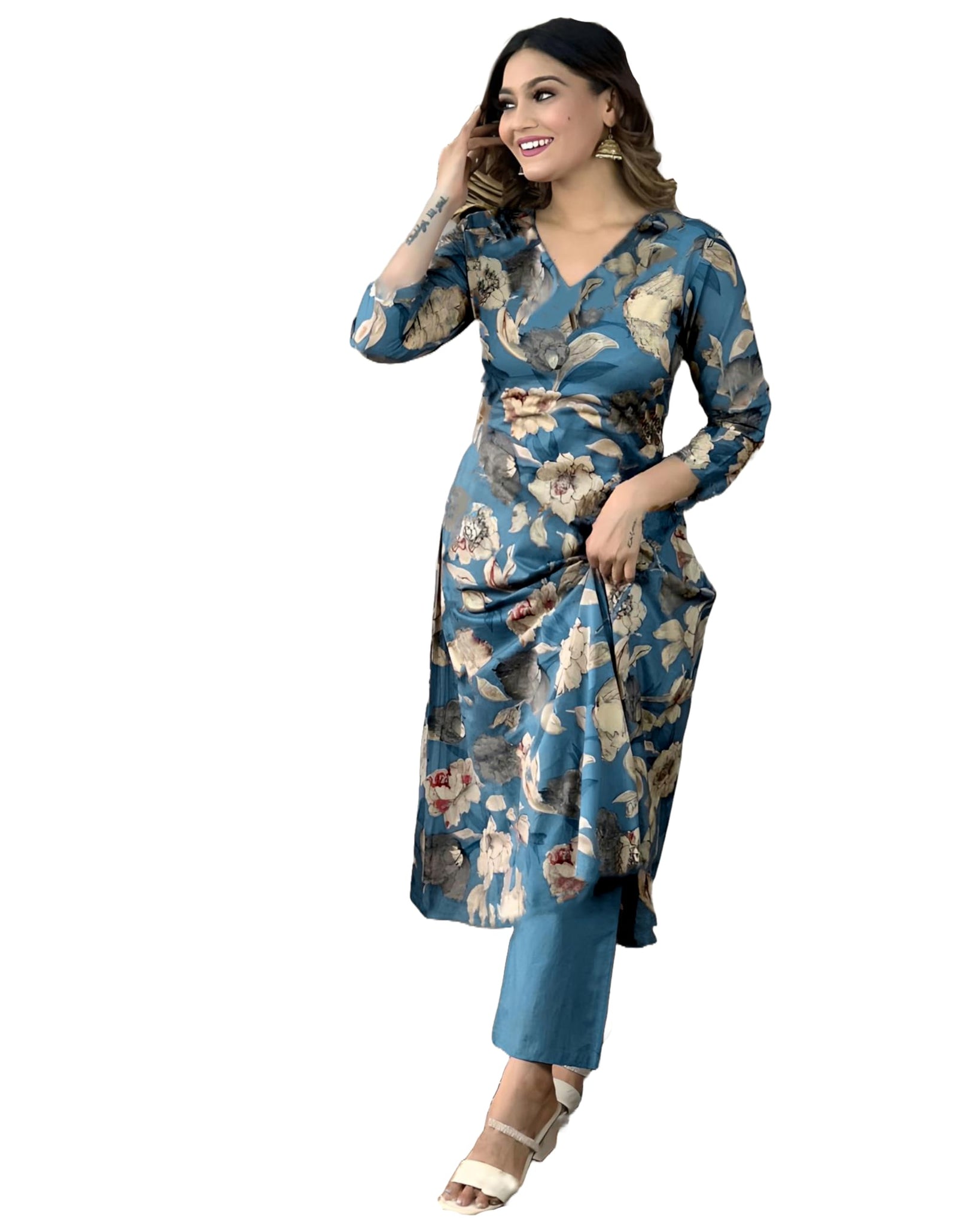 Anni Designer Women'S Cotton Blend Straight Printed Kurta With Pant (Dhun Cerosin_L_Dark Blue_Large),Dark Blue,L