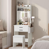 MAHANCRIS Small Makeup Vanity Desk with Mirror and Lights, White Vanity Table Set with Storage Drawers and Storage Stool for Sma