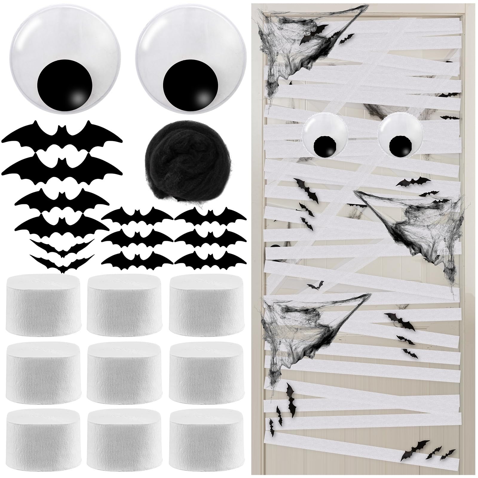 SATINIOR 24pcs Halloween Mummy Door Cover Decorations with Giant Wiggle Eyes 3D Bat Stickers White Crepe Paper Streamers Hallowe