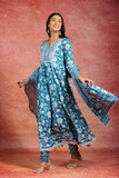 Libas Blue Printed Cotton Anarkali Kurta With Churidar & Dupatta Blue Xl