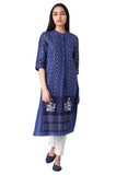 W Blue Floral Printed Cotton Regular Kurta for Women
