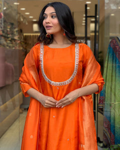 Anni Designer Women'S Silk Blend Straight Embroidered Kurta With Pant & Dupatta (Deluxe Orange-Vks01_M_Orange_Medium),Orange,M,,,