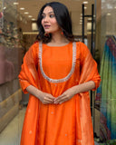 Anni Designer Women'S Silk Blend Straight Embroidered Kurta With Pant & Dupatta (Deluxe Orange-Vks01_M_Orange_Medium),Orange,M,,,