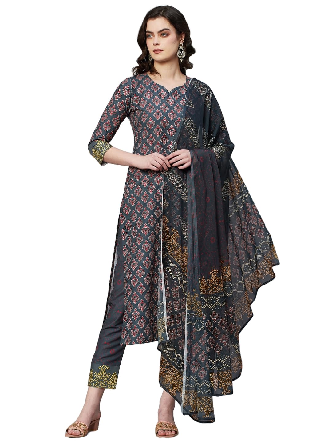 Anni Designer Women'S Rayon Floral Printed Straight Kurta With Pants & Dupatta (Shank-Grey_L_Grey_Large),Grey,L