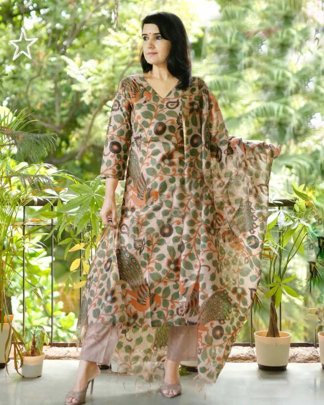 Anni Designer Women'S Cotton Blend Straight Printed Kurta With Pant & Dupatta (Uskana Beige_L_Cream_Large),Beige,L,Cotton Blend,Regular,