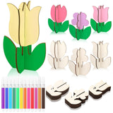 Blosssound 48 Pcs Spring Crafts Set 36 Pcs 3D Wooden Flower Cutouts Unfinished Tulip Slices Wood Daisy to Paint with 12 Colored 