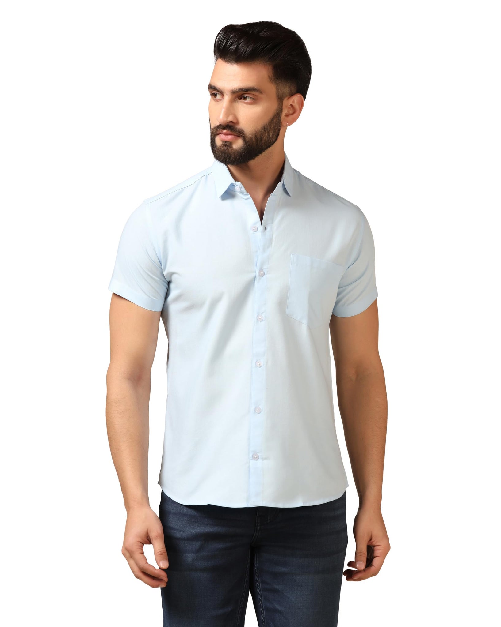 Toplot Men'S Regular Fit Solid Casual Shirt With Pocket Design With Spread Collar & Half Sleeves (Half-Pocket-5179-Sky-S) Blue,Blue,,B0CYGQ872C