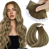 Sunny Hair Tape in Hair Extensions Real Human Hair Invisible Remy Hair Extensions Tape ins for Women Cool Brown Ombre Light Brow